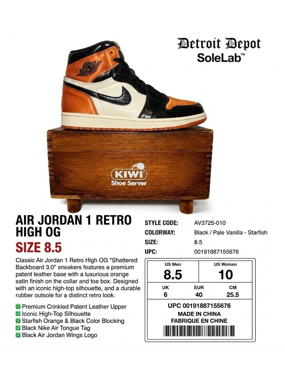 Jordan 1 High OG Satin Shattered Backboard Sneakers 2018 AV3725-010 W 8.5 Rare